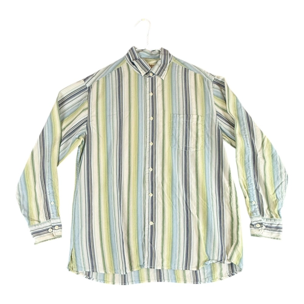 Tommy Bahama Mens Large Blue Green Striped Long Sleeve Tencel Resortwear Shirt
